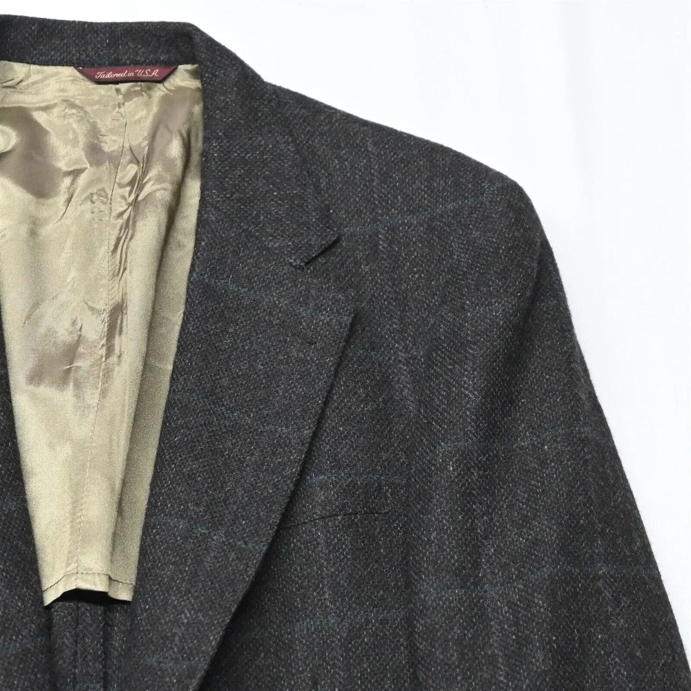 Vtg Bespoke 44L Brown Windowpane Tweed Wool Mens‎ Blazer Sport Coat Jacket
